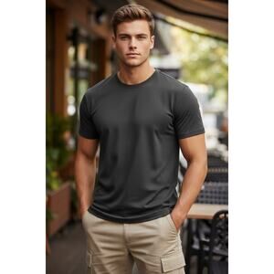 AXIST Black Textured Short Sleeve Top Size L Minimalist Chic